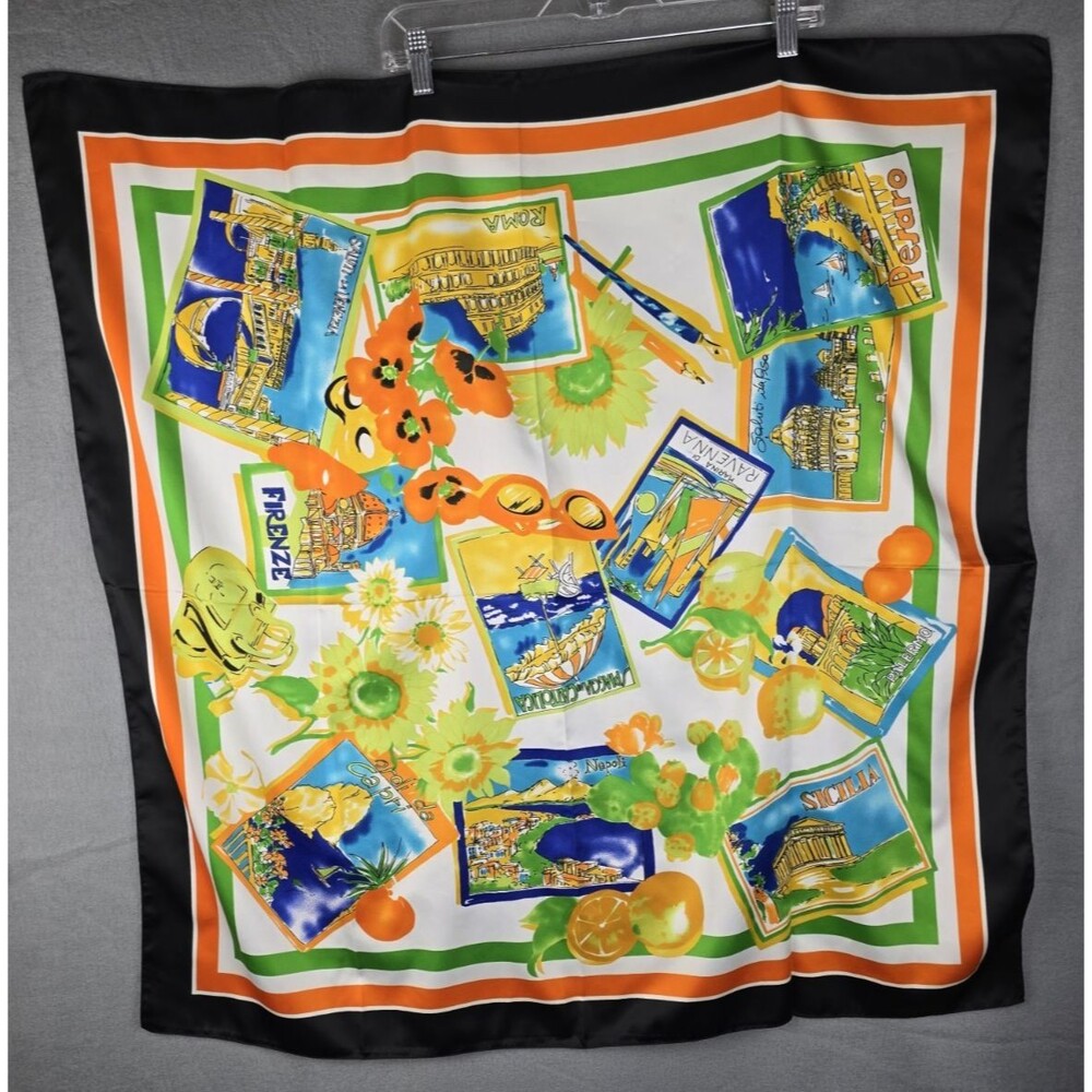 Italian Souvenir Scarf Square‎ Silk Feel Orange Black 33.5 x 34.5 Made in Italy